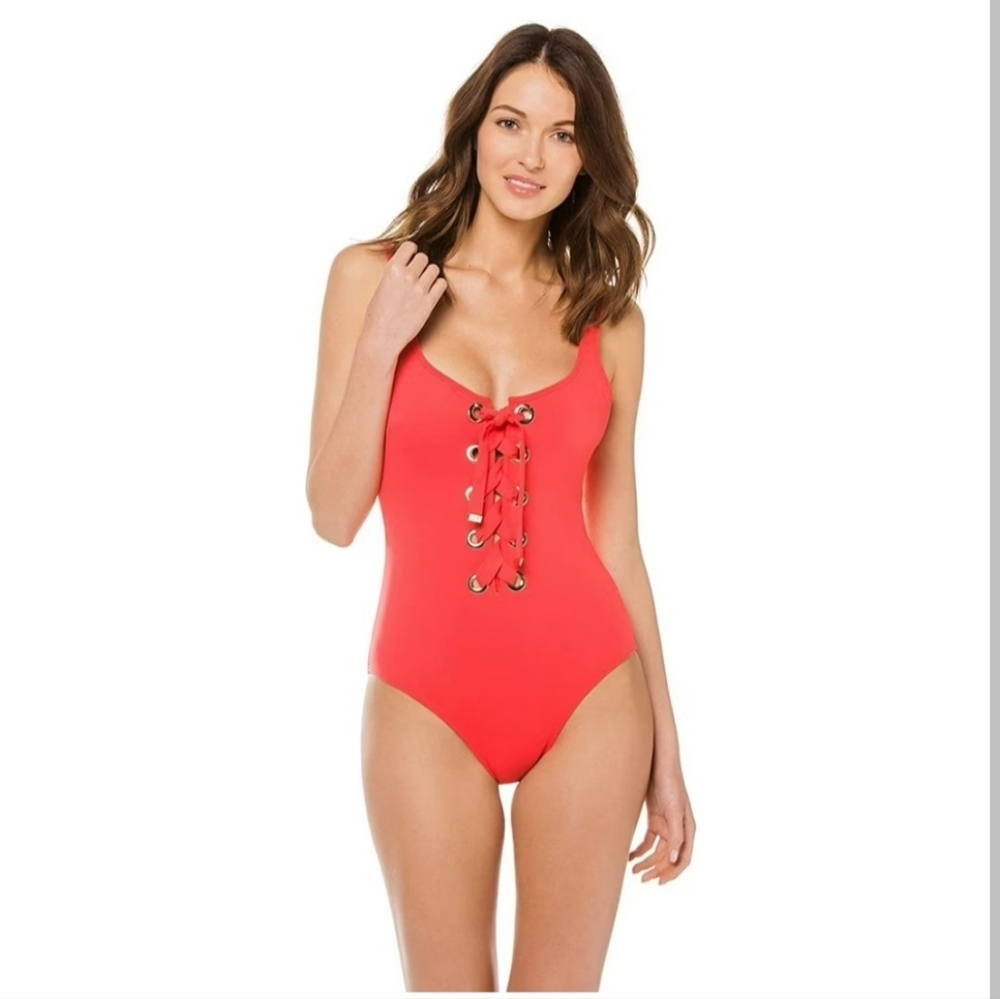 Michael Kors Bright Fuchsia Lace-Up One-Piece Swimsuit